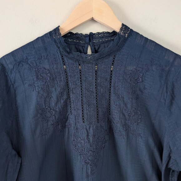 Abercrombie & Fitch Navy Blue Romantic Bohemian Embroidered Long Sleeve Top XL - Picture 2 of 7